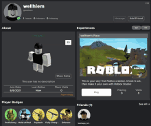 a screenshot of wellhem 's roblox page