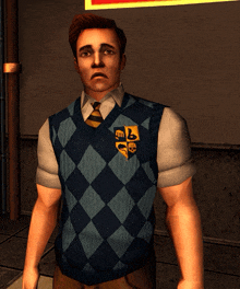 a man wearing a sweater vest with a crest on the front