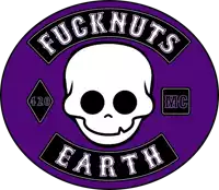 a purple circle with a skull and the words " fucknuts earth "