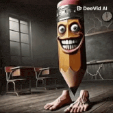 a cartoon of a pencil with feet and a face .