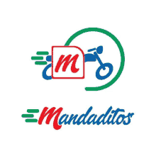 a logo for mandatitos shows a motorcycle with the letter m on it