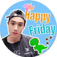 a sticker that says happy friday with a picture of a man