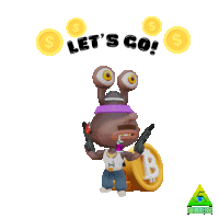 a cartoon character holding two guns and a bitcoin says let 's go !