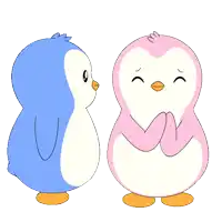 a blue penguin kissing a pink penguin with a heart in its beak