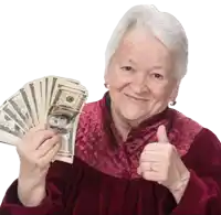 an elderly woman in a red robe holds a fan of money and gives a thumbs up