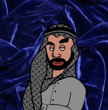 a cartoon drawing of a man with a beard and a scarf around his head