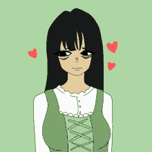 a drawing of a girl with long black hair and hearts around her