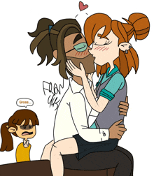 a cartoon drawing of a man and woman kissing with a girl behind them that says gross