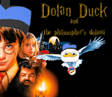 a poster for dolan duck and the philosopher 's dolami features harry potter and his friends