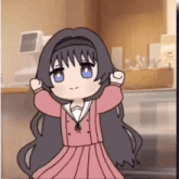 a cartoon of a girl in a pink dress with long black hair and blue eyes