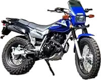 a blue and black dirt bike with a large tire on a white background .