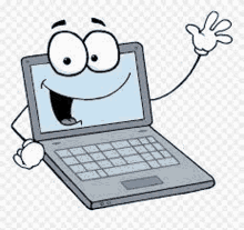 a cartoon illustration of a laptop computer with a face and arms waving .