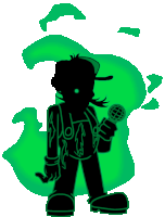 a silhouette of a cartoon character holding a microphone .