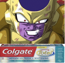 a box of colgate total advanced fresh whitening toothpaste with a picture of a cartoon character