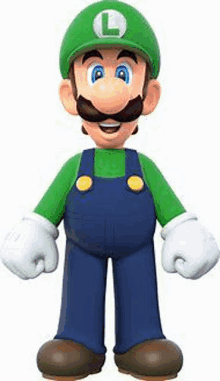 a cartoon character wearing overalls and a green hat with the letter l on it is standing on a white background .