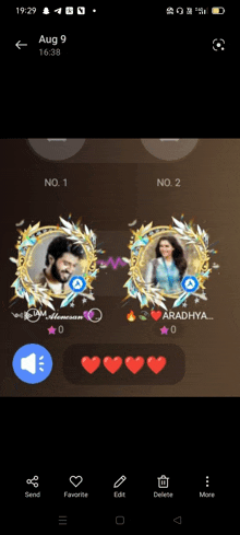 a phone screen shows two pictures of a man and a woman with hearts around them