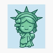 the statue of liberty is a cute cartoon character with her eyes closed and holding a flag .