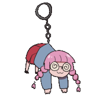 a cartoon girl with pink hair and glasses is hanging upside down from a key chain