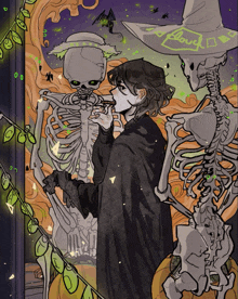 a drawing of a skeleton and a witch with the word love on it