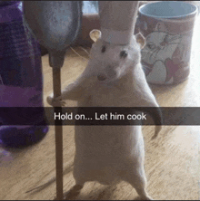 a rat wearing a chef 's hat is holding a spatula with the caption hold on let him cook