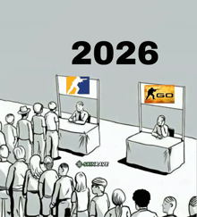 a group of people are gathered in front of a sign that says 2026 on it