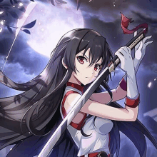 a girl with long black hair is holding a sword in her hand .