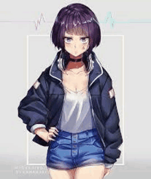 a girl with purple hair is wearing a jacket and shorts and headphones .