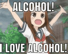 a girl in a sailor suit is holding her arms up in the air and says `` alcohol ! i love alcohol ! ''