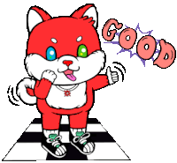 a cartoon drawing of a fox giving a thumbs up with the word good above him