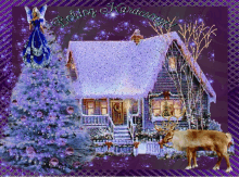 a christmas card with a house and a reindeer and the words boldog karácsony