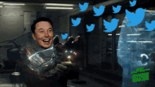 a picture of elon musk surrounded by twitter birds and a sign that says " avengers masterpiece "