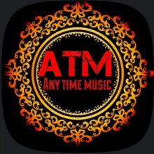 a logo for atm any time music with a gold circle around it