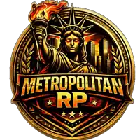 a logo for metropolitan rp with a statue of liberty holding a flaming torch