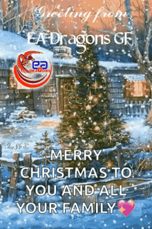 a christmas card from ea dragons gf with a christmas tree in the background