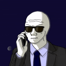 a cartoon of a bald man wearing sunglasses and a suit talking on a cell phone