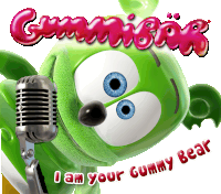 a gummy bear singing into a microphone with the words " i am your gummy bear " below it