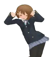 a cartoon girl in a school uniform is dancing with her hands in the air