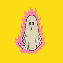 an illustration of a ghost with flames behind it