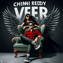 a man and a woman are sitting in a chair with wings behind them and the words chinni reddy veer