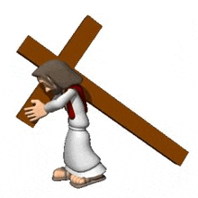 a cartoon of jesus carrying a cross on his back .