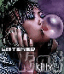 a woman is blowing a bubble of bubble gum on a cd cover .