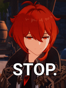 a picture of a red haired anime character with the words " stop " on the bottom