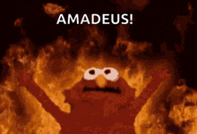 elmo is surrounded by flames and says amadeus