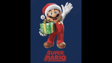 a poster of super mario wearing a santa hat holding a gift