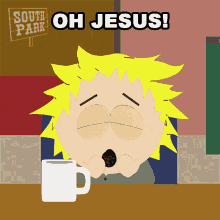 a cartoon character from south park is sitting at a table with a mug of coffee