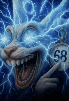a clock with the number 68 on it is being held by a rabbit