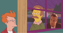 a cartoon of fry and ned flanders looking out a window at a man