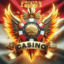 a poster for a museum bola casino with a poker chip and wings