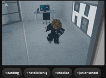 a screenshot of a video game with the words dancing natalie kenig choclac junior school