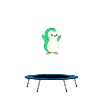 a green frog is jumping on a trampoline